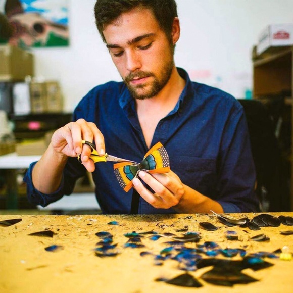 Handmade Green, Gold, and Black Dotted Feather Bow Tie Boutonnière Lapel Pin Set - Picture 11 of 12